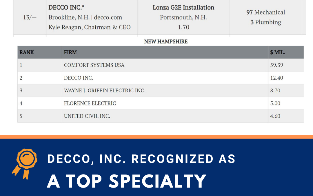 DECCO named one of the Top Specialty Contractors in New England by ENR